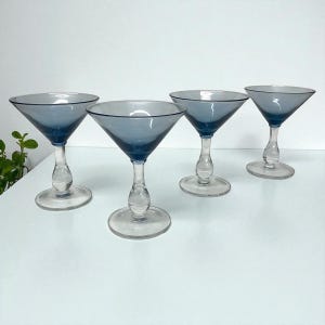 Vintage Martini Glasses Retro 1990s Contemporary + Blue-Gray Tops + Clear Stems + Set of 4 + Barware + Cocktail Glass + Drinking + Kitchen
