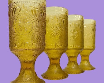 Vintage Goblets Retro 1970s Mid Century Modern + Brockway Glass + Amber + Set of 4 + American Concord + Tiara + Footed + Drinking + Kitchen