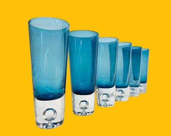 Vintage Shot Glasses Retro 1990s Contemporary + Krosno Vodka + Azure Blue + Handblown + Set of 6 + Modern Barware +