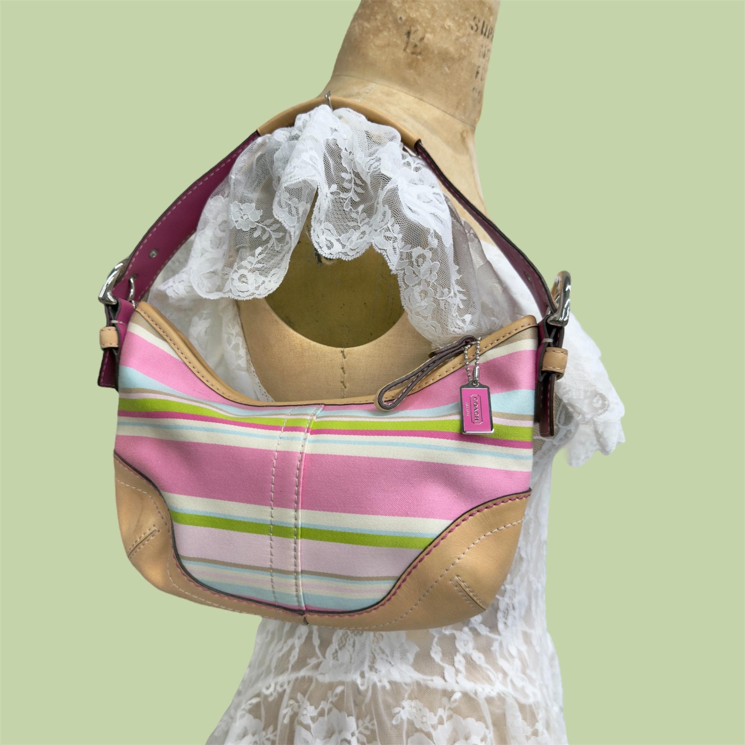 Vintage Coach Soho Twill Striped Hobo Bag Retro 2000s Preppy + Y2K