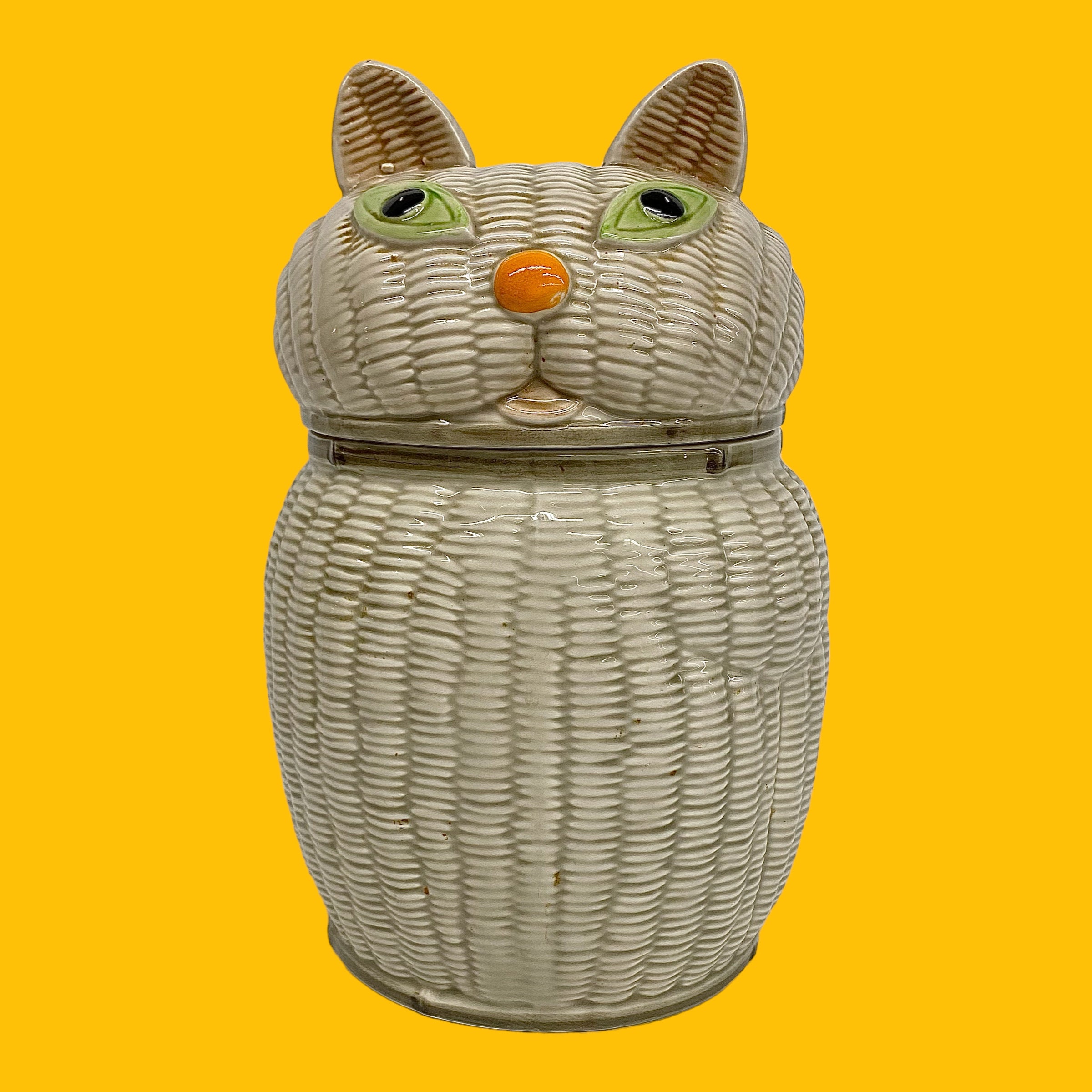 Vintage Cookie Jar Retro 1960s Mid Century Modern + OMC Japan + Wicker Cat + Ceramic + White + Feline + MCM Kitchen Storage + Organization 