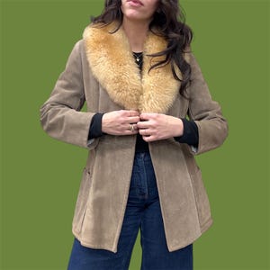 Vintage Coat Retro 1970s Womens + No Size + Penny Lane + Shearling Lining and Collar + Suede Leather + Dusty Greyish Brown + Outerwear