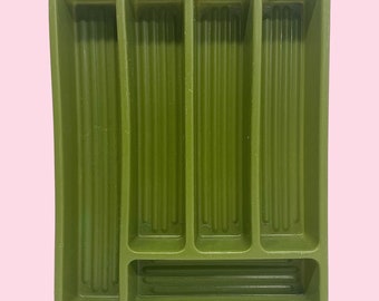 Vintage Cutlery Tray Retro 1970s Mid Century Modern + Avocado Green + Plastic + Rectangular + Holds Utensils + Silverware + Kitchen Storage