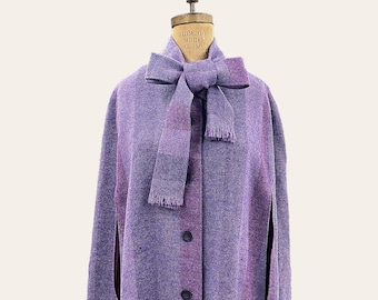 Vintage Avoca Collection Wool Cape 1980s Retro Size L + Purple + Striped + Ankle Length + Scarf Neck Tie + Button Front + Wicklow Ireland