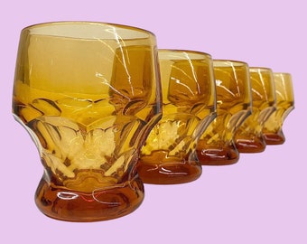 Vintage Viking Drinking Glasses Retro 1970s Mid Century Modern + Amber Glass + Georgian + Set of 5 + MCM Kitchen + Juice/Water + Stackable