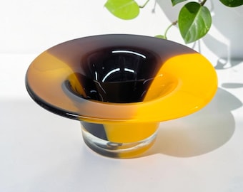 Vintage Art Glass Bowl 1980s Retro Contemporary + Telefiora Gift + Orange/Amber/Purple + Decorative Glass + Handblown + Home Decor