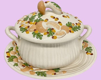 Vintage Soup Tureen with Platter Retro 1970s Mid Century Modern + Holland Mold + Merry Mushrooms Style + Ceramic + Serving + Kitchen Decor