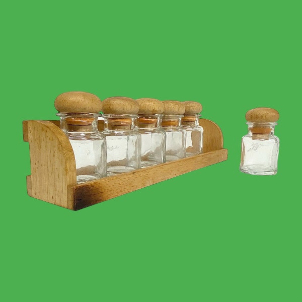 Vintage Spice Rack and Jars Retro 1980s Contemporary + Clear Jar and Wood Tops Jars + Set of 6 + Brown Wood Rack + Counter or Wall + Storage