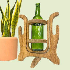 Vintage Wine Bottle Holder and Pourer Retro 1980s Contemporary + Brown Wood + Movable Frame + Holds 1 Bottle +  Standing + Counter Wine Rack