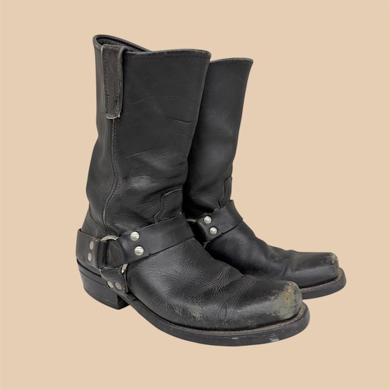 Vintage Frye Boots Retro 2000s Mens + Size 9.5 D + Biker + 12R + Harness + Black Leather + Silver Metal + Pull On + Square Toe + Distressed