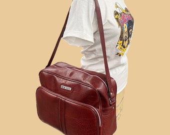 Vintage New Vista Travel Bag Retro 1970s Mid Century Modern + Burgundy Vinyl + Silver Metal + Shoulder Strap + Luggage Carry On + Overnight