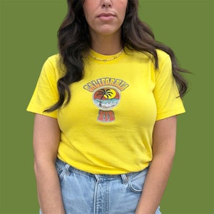 Vintage California Kid Tee Retro 1970s Anvil Brand + Size Small + Pre-Shrunk + 100% Cotton + Yellow + Glitter Iron On + Unisex T-Shirt