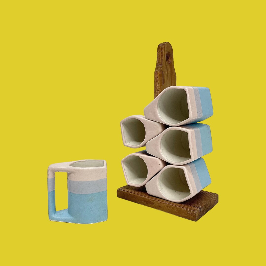 Vintage Padilla Mugs With Rack Retro 1970s Mid Century Modern Six