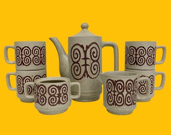 Vintage Teapot, Mugs, and Sugar/Creamer Set Retro 1960s Mid Century Modern + Japan + Ceramic + Butterfly Design + Beige and Brown + Kitchen