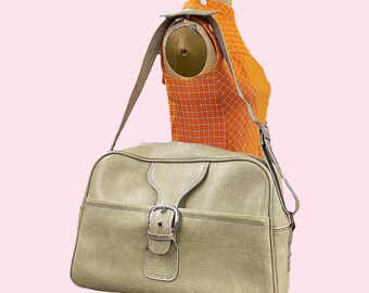 Vintage Travel Bag Retro 1970s Mid Century Modern + Light Beige Vinyl + Silver Metal + Shoulder Strap + Luggage Carry On + Overnight Bag