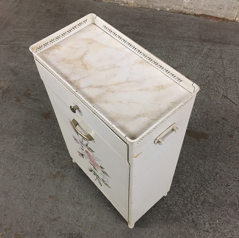 Faux Marble Top Mid Century Bedroom Home Decor Painted Floral Details Vintage Hamper Retro 1960s White Metal Clothes Hamper by Detecto