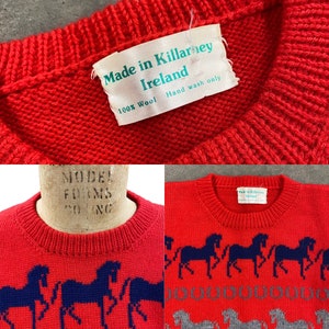 Vintage Wool Sweater Retro 1980s Preppy Horses Horseshoe Red Made in Killarney Ireland NO SIZE L/S Pullover Womens Apparel image 5