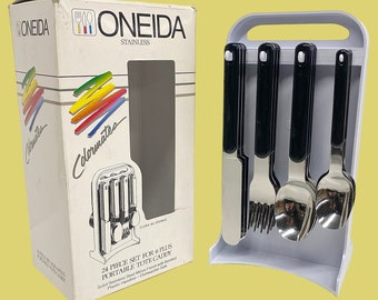 Vintage Oneida Cutlery Set Retro 1990s Contemporary + 24 Piece + Colormates + Silver Metal/Black Plastic + Tote Caddy + Kitchen Silverware
