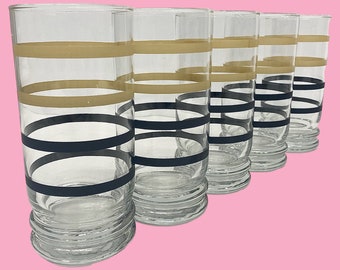 Vintage Libbey Drinking Glasses Retro 1970s Contemporary + Clear Glass + Black and Tan + Rings + Set of 5 + Water Tumblers + Drink + Kitchen