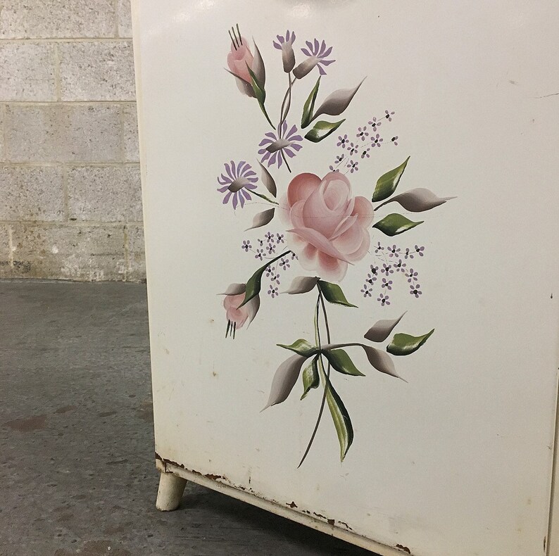 Faux Marble Top Mid Century Bedroom Home Decor Painted Floral Details Vintage Hamper Retro 1960s White Metal Clothes Hamper by Detecto
