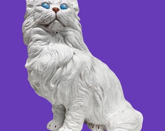 Vintage Persian Cat Sculpture 1970s Retro XL Size 20.75" H + Mid Century Modern + White Ceramic + Blue Eyes + MCM Home Decor + Made in Italy