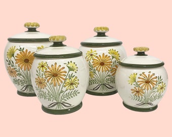 Vintage Metlox California Canister Set Retro 1960s Farmhouse + Poppytrail + Dasiy Bouquet + Porcelain + Set of 4 + Kitchen Storage