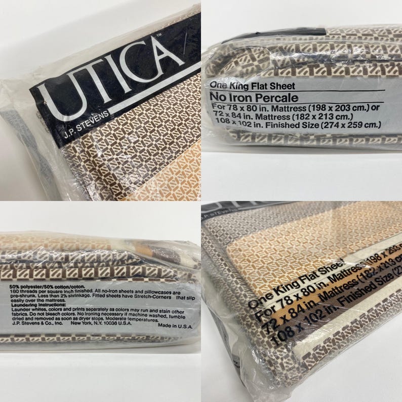 May include: A packaged Utica One King Flat Sheet in a brown and tan geometric pattern. The packaging includes text indicating the sheet fits a 78 x 80 inch or 72 x 84 inch mattress, and is made of a polyester and cotton blend.