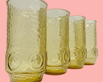 Vintage Anchor Hocking Water Tumblers Retro 1970s Mid Century Modern + Heritage Hill + Yellow + Set of 4 + Drinking Glasses + MCM Kitchen
