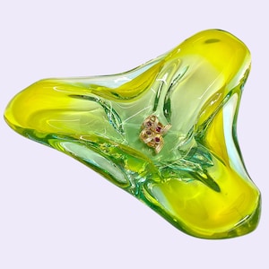 Vintage Murano Bowl Retro 1970s Mid Century Modern + Handblown + Art Glass + Green + Triangular + Star Bottom + MCM Home Decor + Decoration