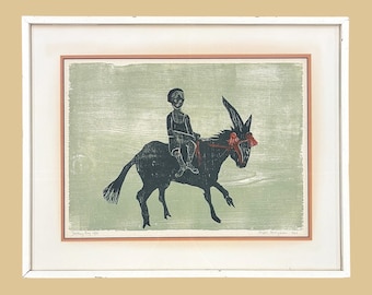 Vintage Hope Meryman Woodblock Print 1960s Retro Size 24x30 Mid Century Modern + Donkey Boy + 29/50 + Signed and Numbered Art + Home Decor
