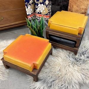 Vintage Wooden and Vinyl Ottomans Retro 1970s Mid-century Modern + Set of Three + Black/Yellow/Orange + Stackable + Square + Footstools