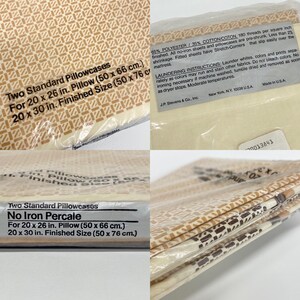 May include: Two standard pillowcases in a clear plastic package. The pillowcases have a repeating geometric pattern in shades of tan and cream. The package label indicates the pillowcases are 20 x 26 inches (50 x 66 cm) and 20 x 30 inches (50 x 76 cm).