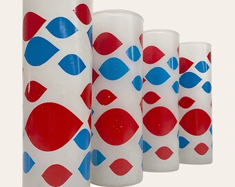 Vintage Dairy Queen Highballs Retro 1960s Mid Century Modern + Frosted + White Glass + Blue and Red Pattern + Set of 4 + Barware + Tumblers