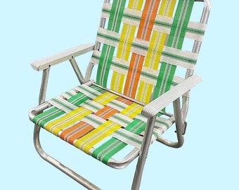 Vintage Beach Chair Retro 1960s Silver Aluminum Frame + Green + Yellow + Orange + Webbed Straps + Folds Up + Outdoor Lawn or Patio Furniture