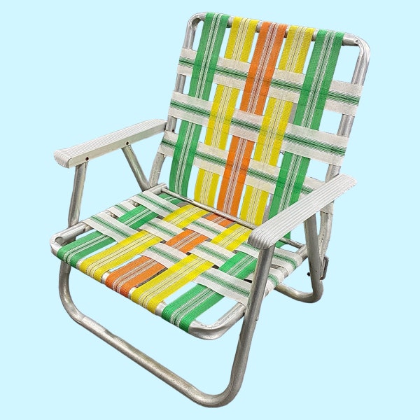 Vintage Beach Chair Retro 1960s Silver Aluminum Frame + Green + Yellow + Orange + Webbed Straps + Folds Up + Outdoor Lawn or Patio Furniture