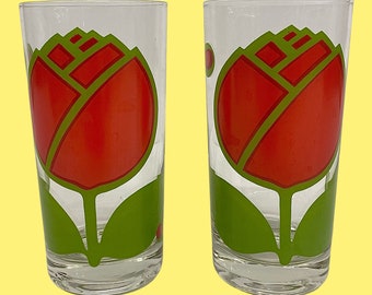 Vintage Tulip Drinking Glasses Retro 1960s Mid Century Modern + Colony + Glass + Red/Green Flowers + Olives + Set of 2 + Kitchen + Tumbler