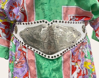 Vintage Moroccan Hip Belt Retro 1980s Bohemian + NO SIZE + White Leather + Silver Metal Plate + Woven Sides + Handmade + Womens Accessory