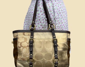 Vintage Coach Signature Patchwork East West Tote Retro 1990s Preppy + 10388 + Gold and Brown + Metallic Leather and Suede + Shoulder Straps
