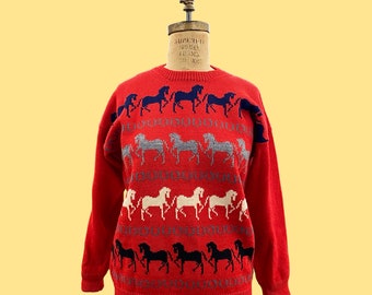 Vintage Wool Sweater Retro 1980s Preppy + Horses + Horseshoe + Red + Made in Killarney Ireland + NO SIZE + L/S Pullover + Womens Apparel