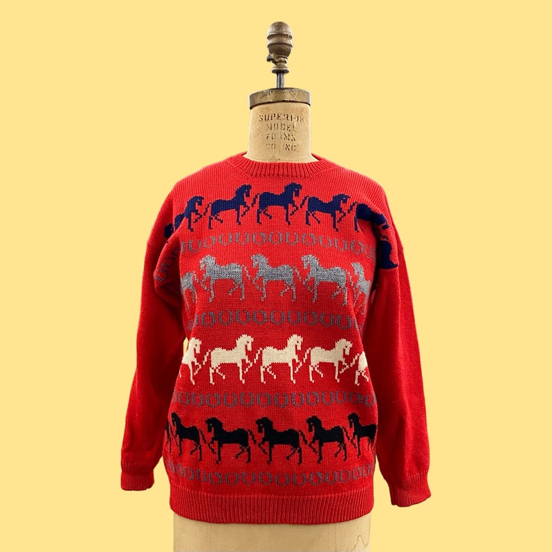 Vintage Wool Sweater Retro 1980s Preppy Horses Horseshoe Red Made in Killarney Ireland NO SIZE L/S Pullover Womens Apparel image 1