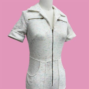 Vintage Jumpsuit Retro 1970s Womens + No Size + White + Confetti + Space Dye + Pointed Collar + Zip Up + Roller Girl + Flared + One Piece