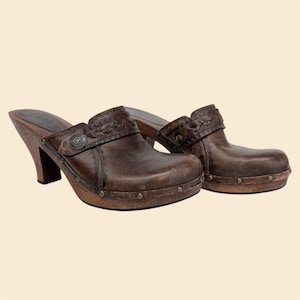 Vintage Heeled Clogs Retro 2000s Y2K + MIA + Genuine Leather + Brown + Size 10 + Wooden Heel + Braided Details + Studded + Womens Footwear