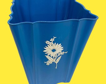 Vintage Wastebasket Retro 1960s Mid Century Modern + Schwarz Brothers + Blue Plastic + White Flower + Trashcan + MCM Bathroom Decor Storage