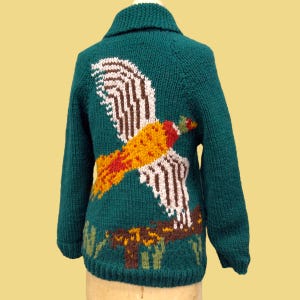 Vintage Sweater Jacket Retro 1990s Mary Maxim + Hand Knit + Cowichan Style + Pheasant + Forest Green + Wool + No Size Tag + Unisex Apparel