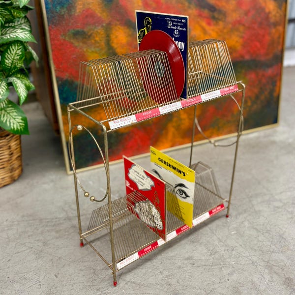 Vintage Brass Record Rack Retro 1960s Mid-century Modern + Two Levels + Holds 120 Records + Labeled Sections + Numbered + MCM Music Storage