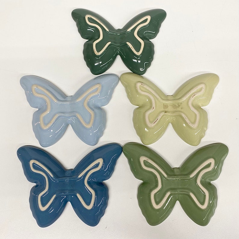 Vintage Ring Dishes Retro 2000s Bohemian Butterflies Ceramic Set of 5 Pastel Blue and Green Butterfly Home Decor Small Storage image 7