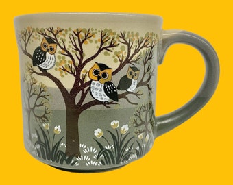 Vintage Otagiri Coffee Mug Retro 1970s Mid Century Modern + Sitting Owls on Trees + Ceramic + Green Brown + Kitchen Drinking + Made in Japan