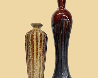 Vintage Ceramic Vase Set Retro 1970s Mid Century Modern + Drip Glaze + Warm Tones + Set of 2 + MCM Home Decor + Decoration