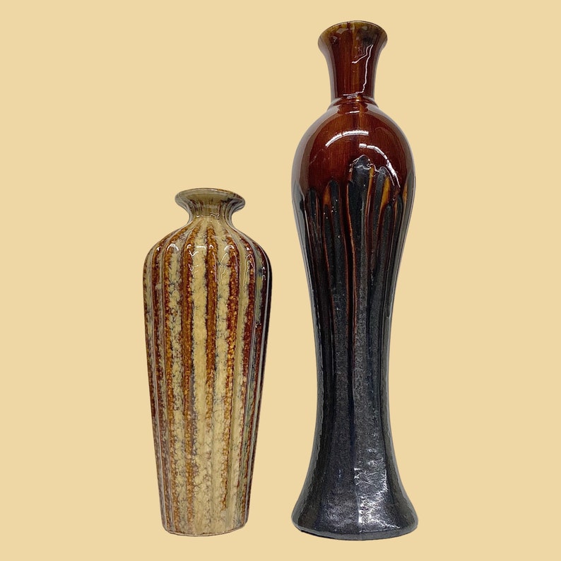 Vintage Ceramic Vase Set Retro 1970s Mid Century Modern Drip Glaze Warm Tones Set of 2 MCM Home Decor Decoration image 1