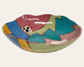 Vintage Decorative Bowl Retro 1980s Contemporary + Handmade + Ceramic Art + Multi-Color + Wavy Edge + Post Modern + Home Decor + Storage